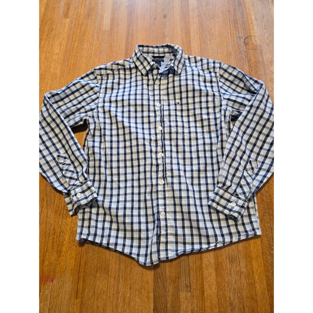 Tommy Hilfiger Boys M (12/14) Blue White Plaid Long Sleeve Button Pocket Down